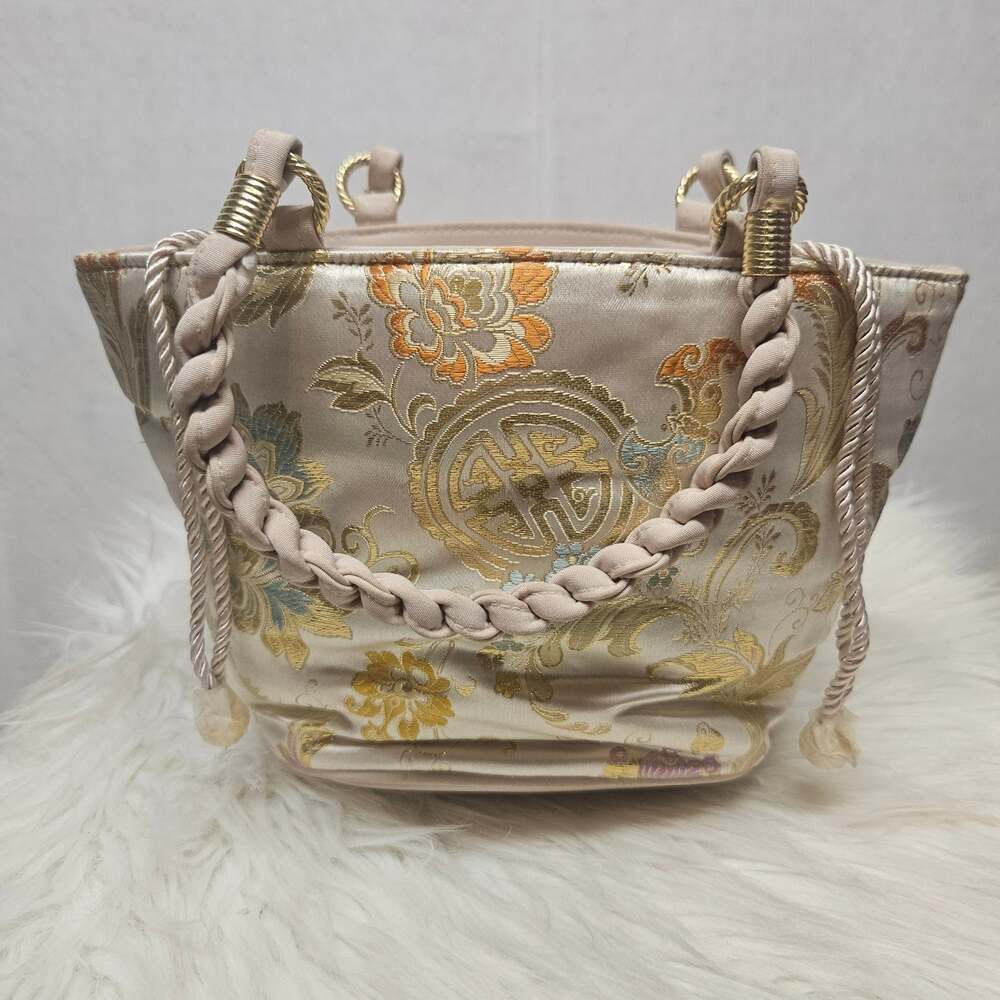Vintage Inspired Beige & Gold Brocade Mini Bucket Bag Floral Evening Handbag New
